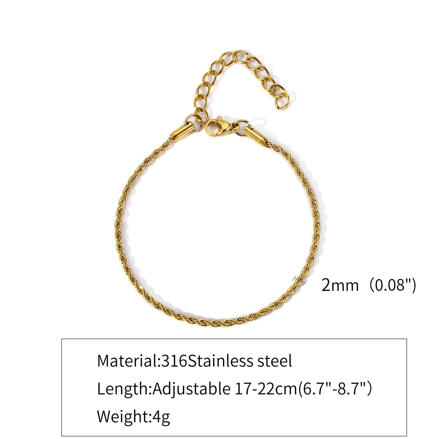 Womens Gold Twisted Chain Bracelet 18K Gold Plated Geometric Jewelry Gift Electroplated Finish with Tail Chain