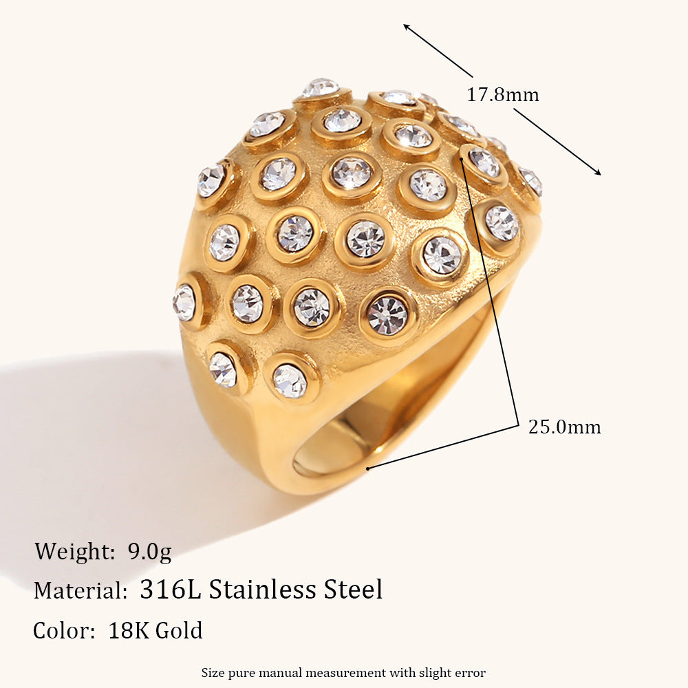Women Retro Ornament Dome Ring Stainless Steel Electroplated Gold Tone With Diamonds Jewelry Fashion Accessory
