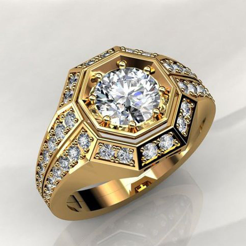 Gold Octagonal Inlaid Zircon Ring Alloy Geometric Band