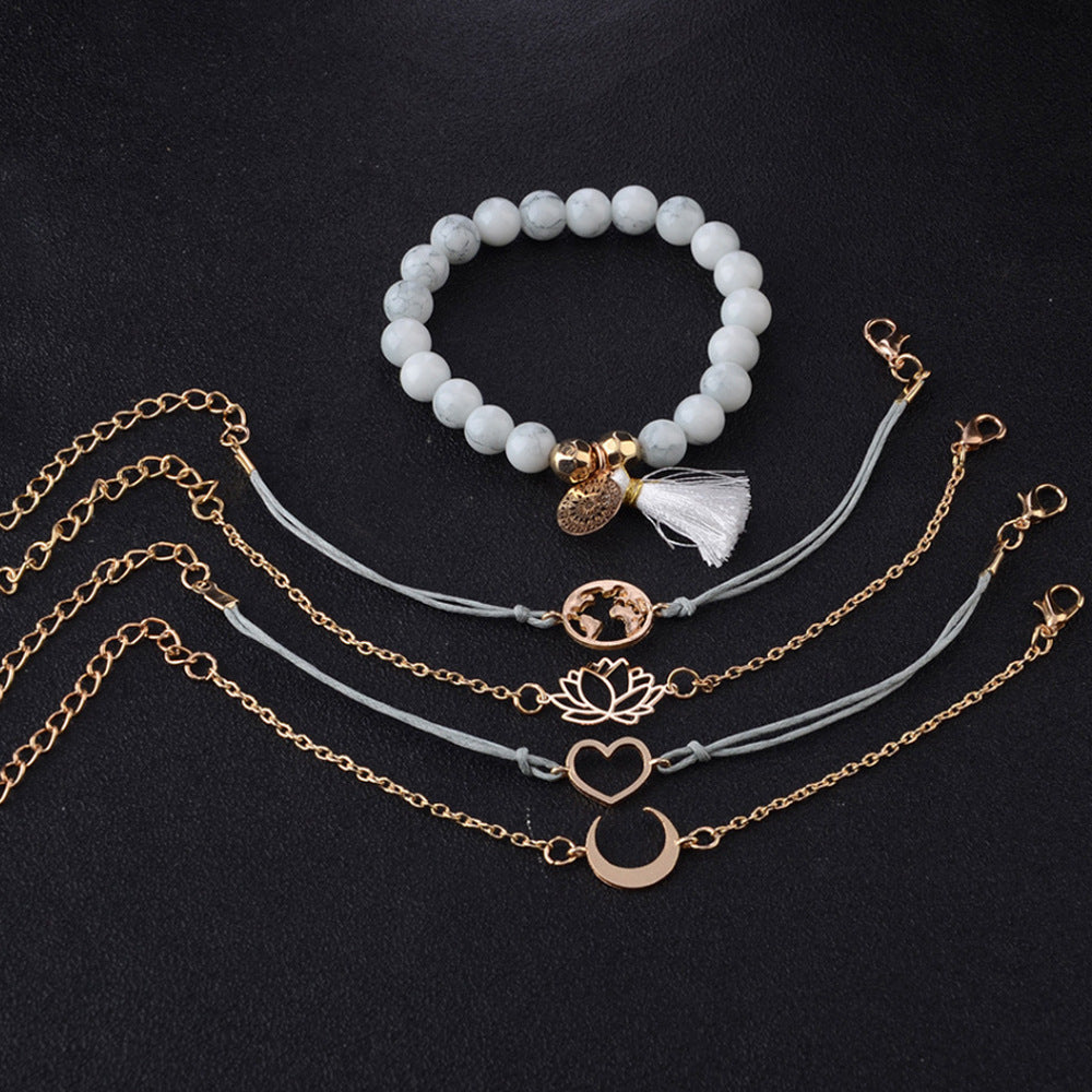 Gold Bracelet Set Five Piece Hand Woven Moon Earth Lotus Peach Heart Charms Adjustable Length 17cm 18cm Tail 5cm