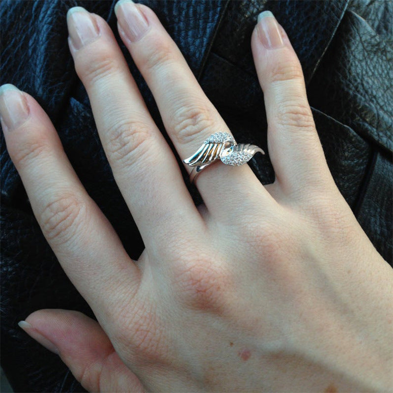 Womens Angel Wings Zircon Ring Copper Electroplated Fashion Fine Jewelry Dainty Elegant Statement Gift For Her