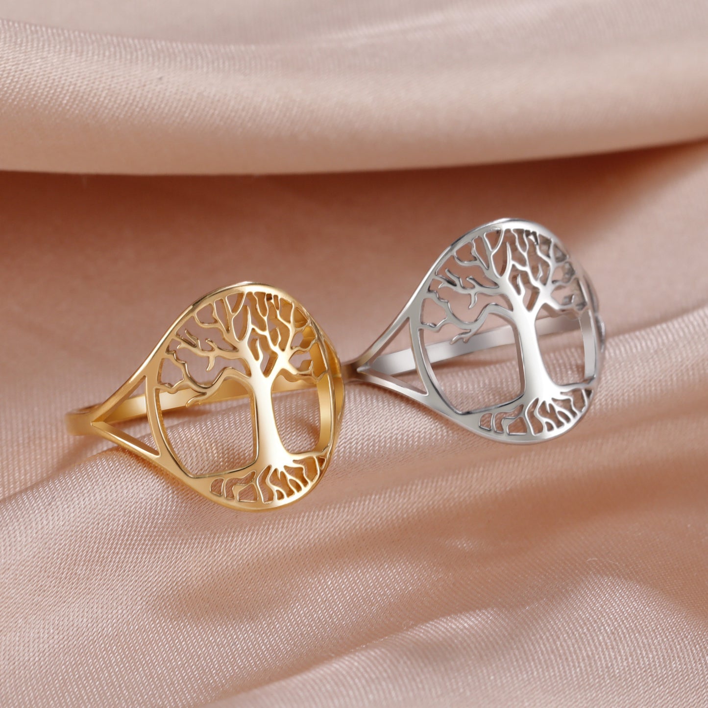 Unisex Stainless Steel Ring With Hollow Tree Design Fashion Band Electroplated Durable Finish For Everyday Wear