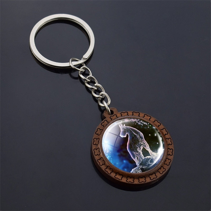 Wooden Carved Constellation Zodiac Keychain with Time Gem Pendant and Glass Accents for Purse Blue Finish Gift