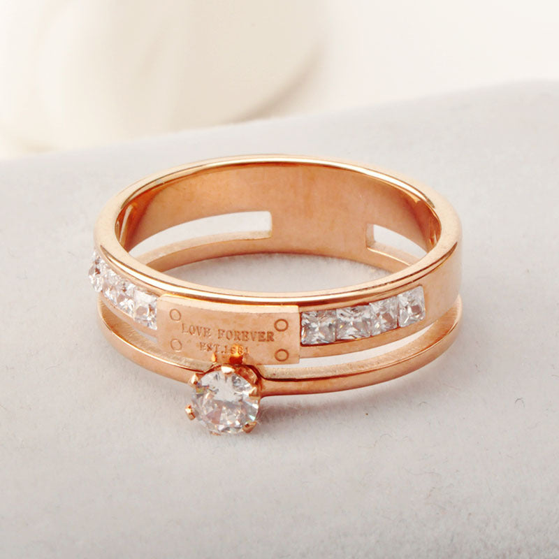 Retro Double Diamond Ring for Index Finger Rose Gold Titanium Steel Drop Shape Women Jewelry Korean Style Ring