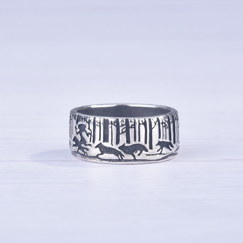 Unisex Copper Ring Electroplated Animal Zodiac Ring Silver Black Finish Running Woman With Wolves Design Style