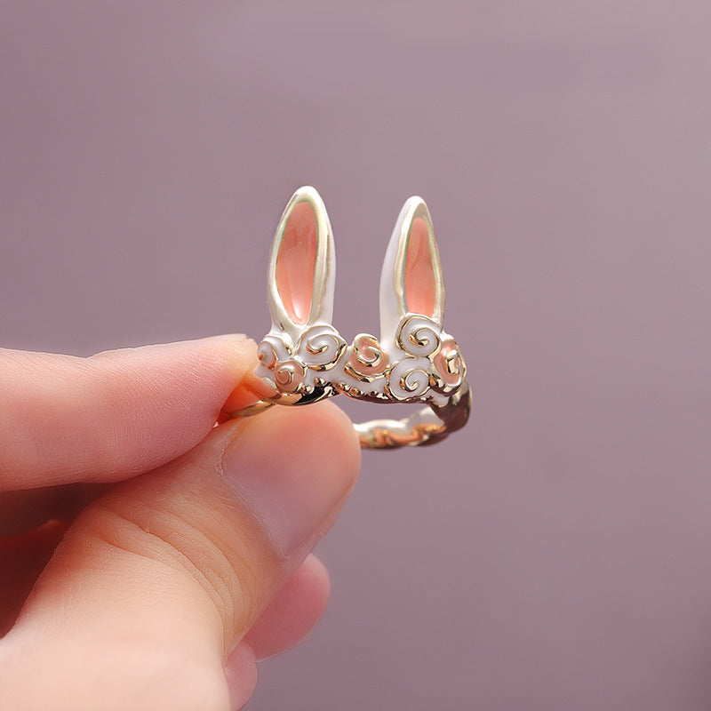 Womens Cartoon Ring Rabbit Ear Metal Ring Oiled Finish Non Inlaid Design Girls Fun Animal Ring Cute Unique Ring