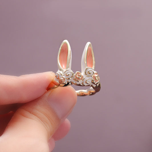 Womens Cartoon Ring Rabbit Ear Metal Ring Oiled Finish Non Inlaid Design Girls Fun Animal Ring Cute Unique Ring