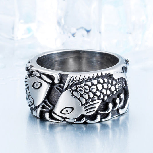 Pisces Embossed Ring Exquisite Stainless Steel Mens Zodiac Animal Ethnic Style Titanium Baking Varnish Type Us