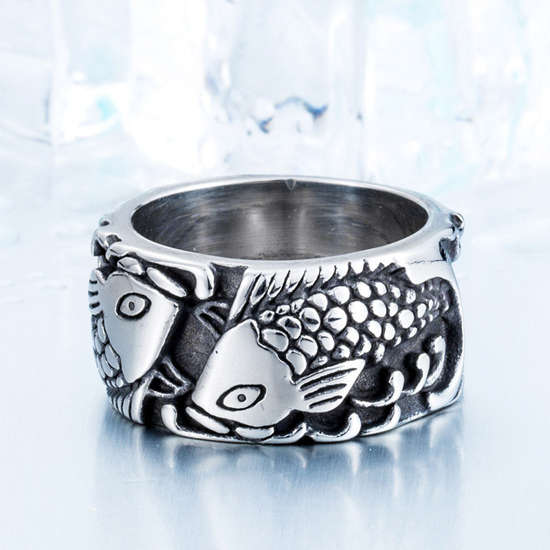 Pisces Embossed Ring Exquisite Stainless Steel Mens Zodiac Animal Ethnic Style Titanium Baking Varnish Type Us