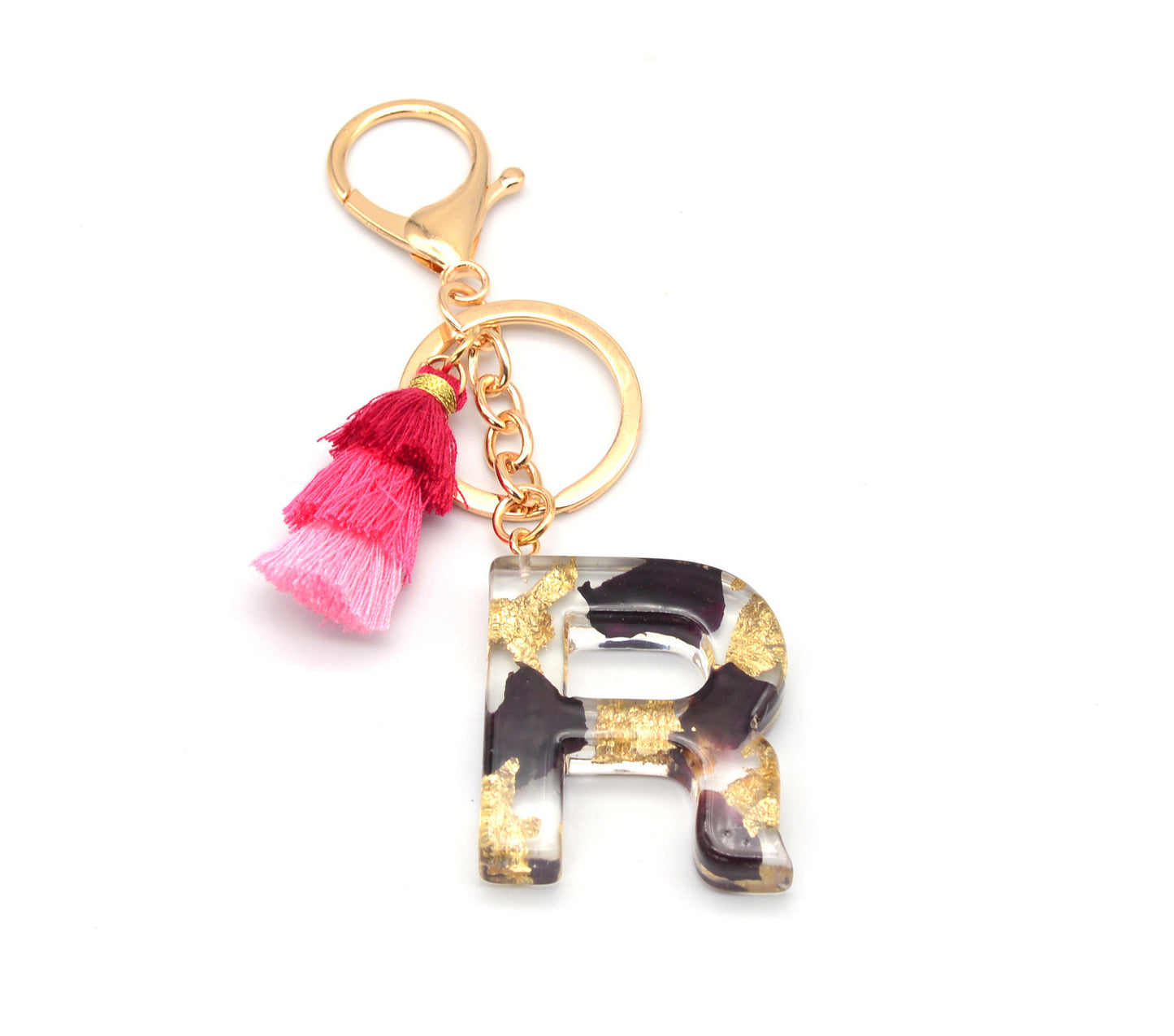 Resin Floral Keychain With Tassel Pendant Black Rose Design Durable Craftsmanship Initial Letter Bag Accessory