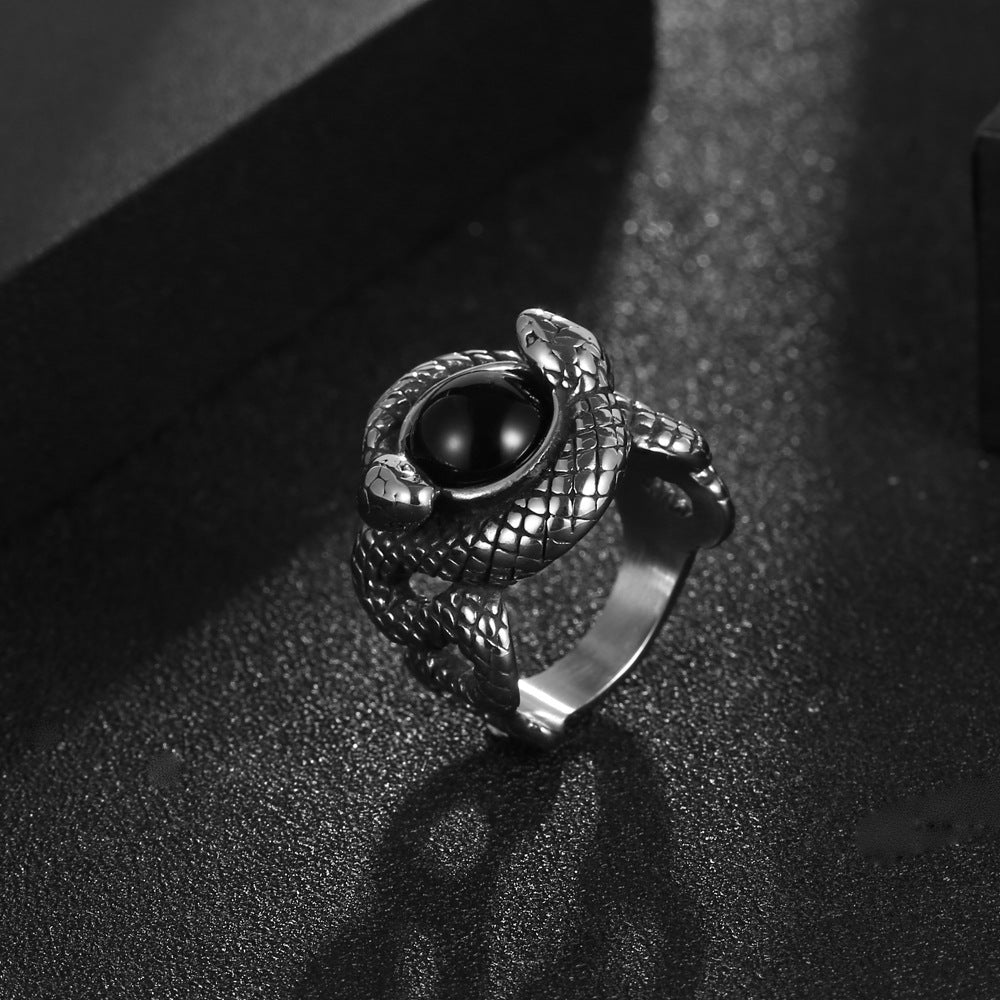 Men's Double Snake Ring Vintage Titanium Steel Biker Ring with Zircon Stone Retro Fashion Jewelry Ring Gift for Him Red Black Sizes 7 to 12