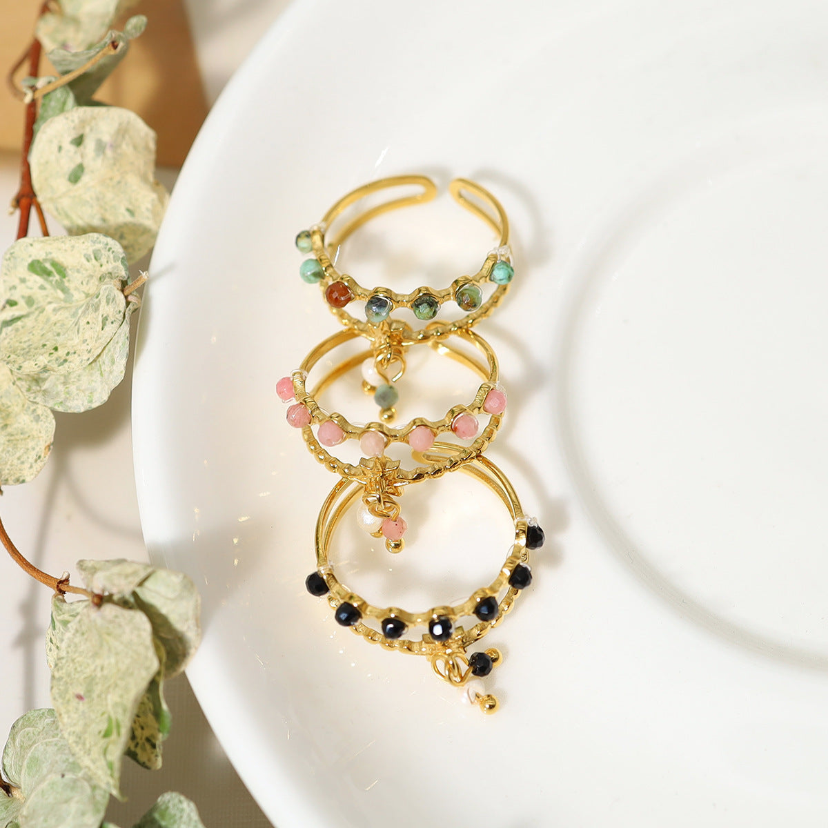 Womens Open Ring with Natural Stone and Tassel Pendant 18K Gold Plated Geometric Titanium Steel Finger Ring Girlish Vacation Jewelry for Women