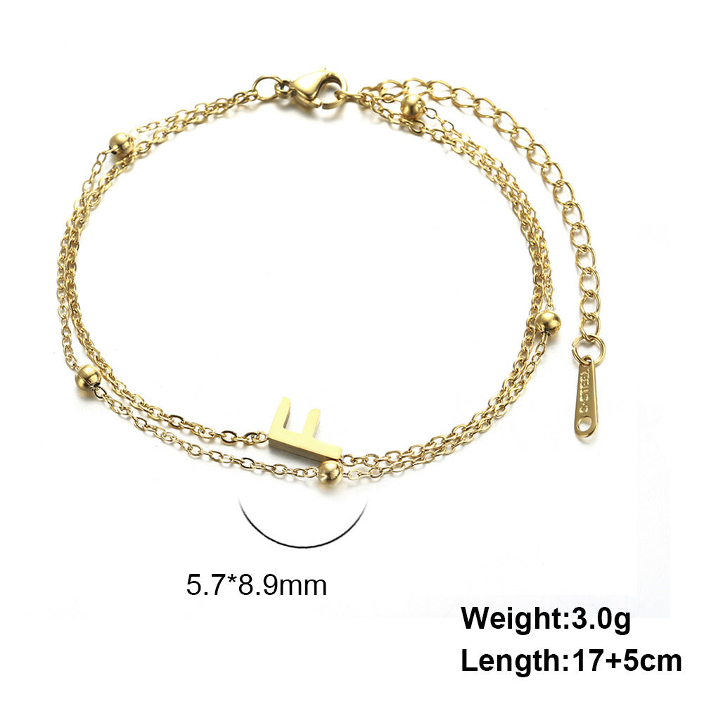 Womens Stainless Steel Double Layer Chain Bracelet With Initial Pendant Electroplated Finish Jewelry Gift Gold
