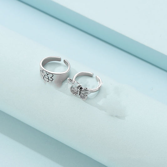 Silver Chrysanthemum Butterfly Adjustable Ring Set Of Three For Women And Girls Alloy Jewelry Collection Gift Ready