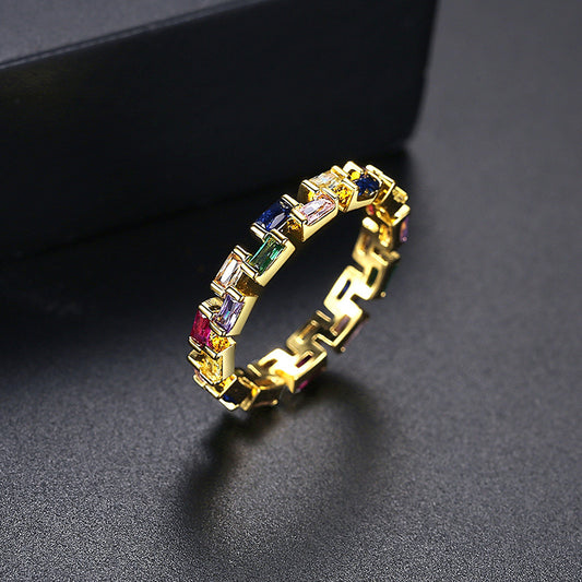 Womens Gold Plated Ring With Color Zircon Geometric Design Fashion Jewelry For Daily Wear And Special Occasion