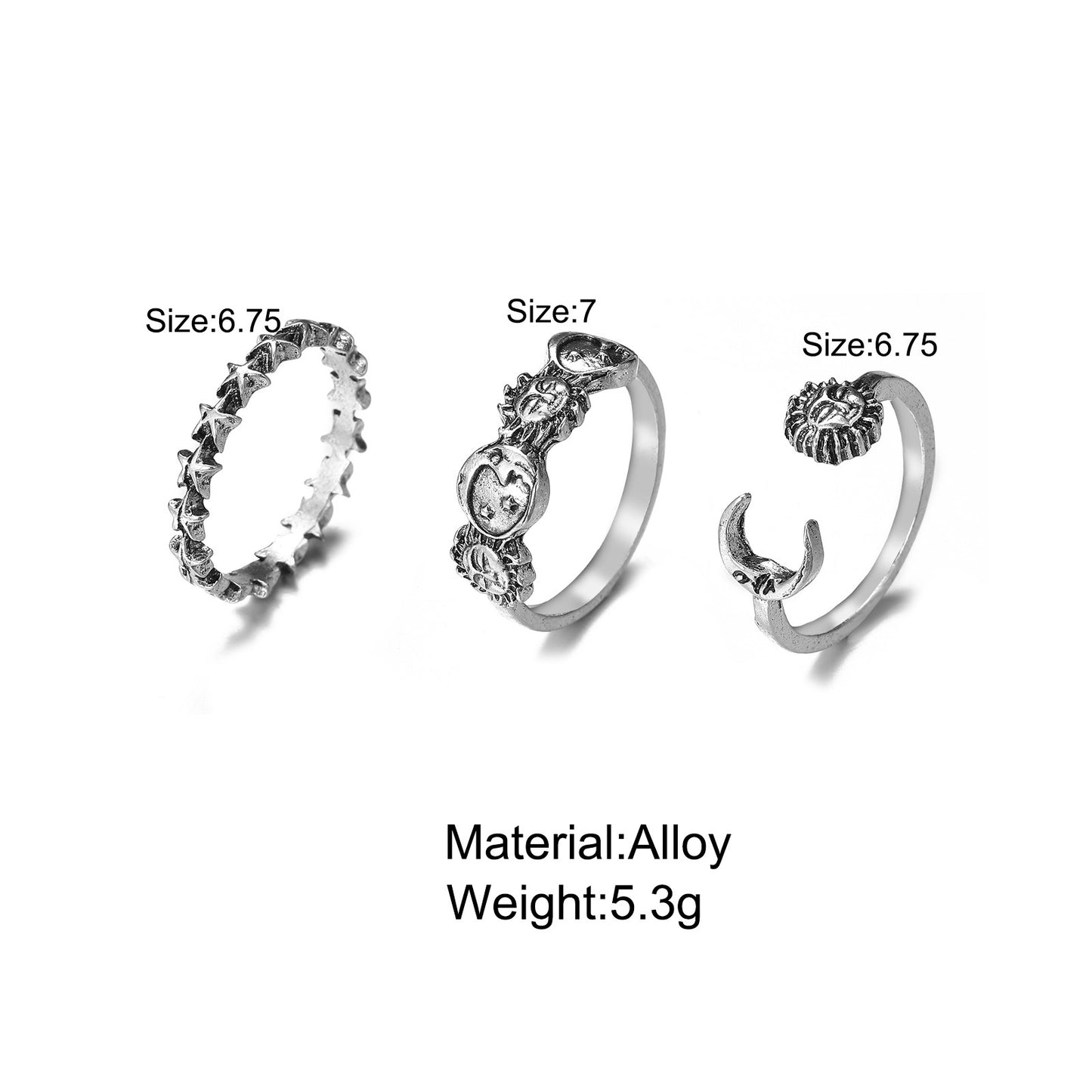 Womens Moon and Stars Rings Set Electroplated Alloy Jewelry Retro Style Simple European Inspired Fashion Rings
