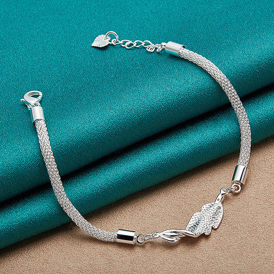 Womens Silver Bracelet Hollow Mesh With Hanging Leaf Design And Geometric Letter Accent Jewelry For Everyday Style