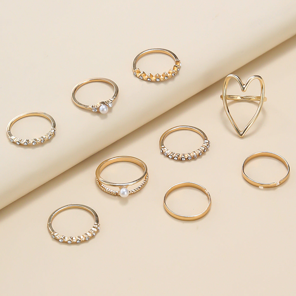 Womens Pearl Ring Set 9 Piece Fashion Alloy Rings With Heart Shaped Design European American Jewelry Set Rings
