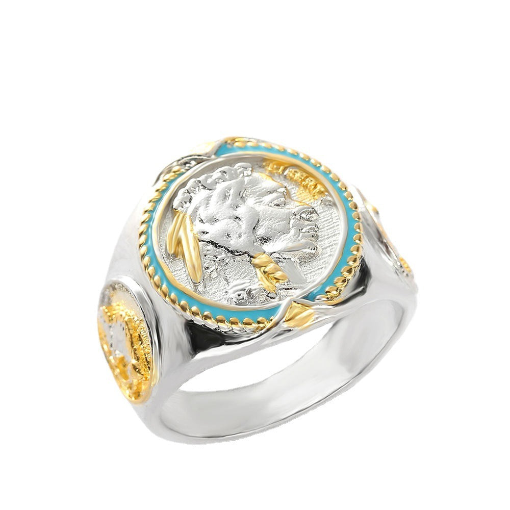 Mens Hip Hop Electroplated TwoTone Copper Ring Animal Head Design European American Fashion Jewelry Daily Wear