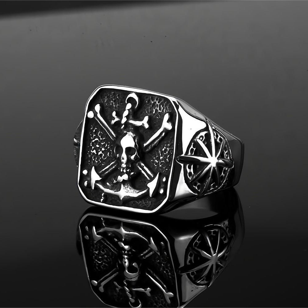 Mens Titanium Steel Ring Geometric Retro Pirate Star Design