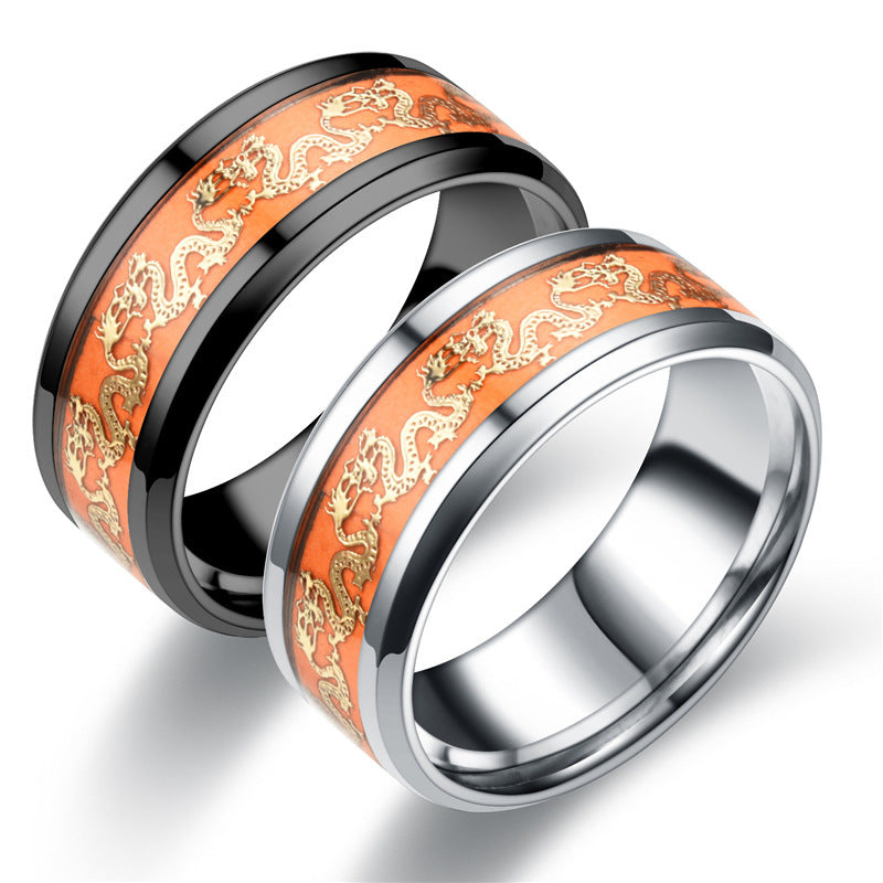 Stainless Steel Luminous Ring For Everyday Wear Sturdy Polished Band Jewelry With Orange Black Accent And Glow