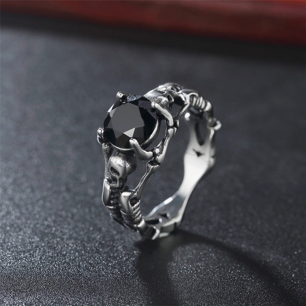 Men's Titanium Steel Ring with Skull Gem Retro Design European American Style Statement Ring for Him Fashion Jewelry