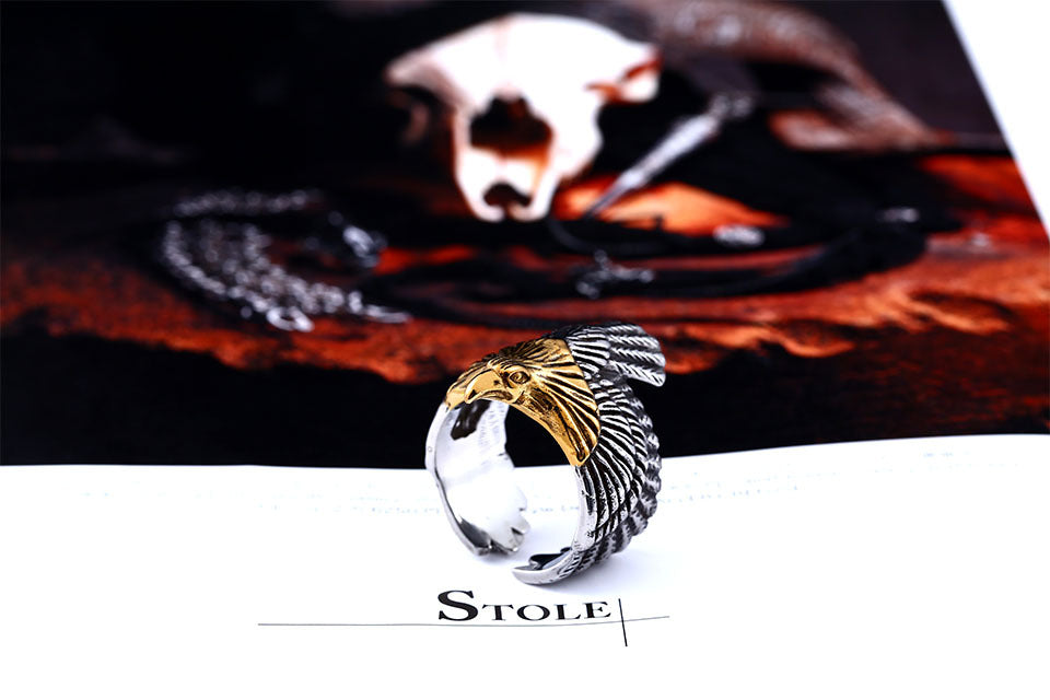 Mens Eagle Ring Titanium Steel Plated Bold Fashion Jewelry Durable Statement Band Unique Design Versatile Accessory