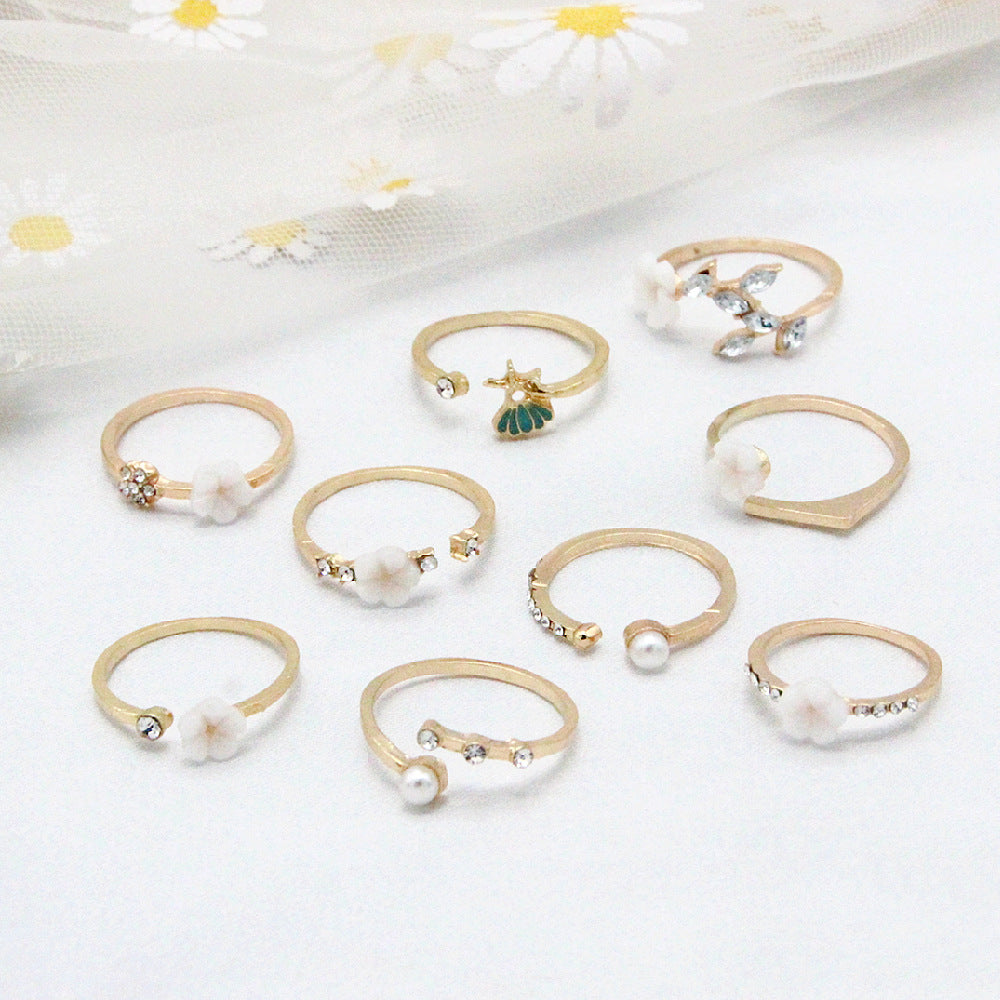 Womens Bohemian Ring Set With Pearl Flower And Diamond Inlay Gold Plated Alloy Jewelry One Size Inlay Gems Set Style