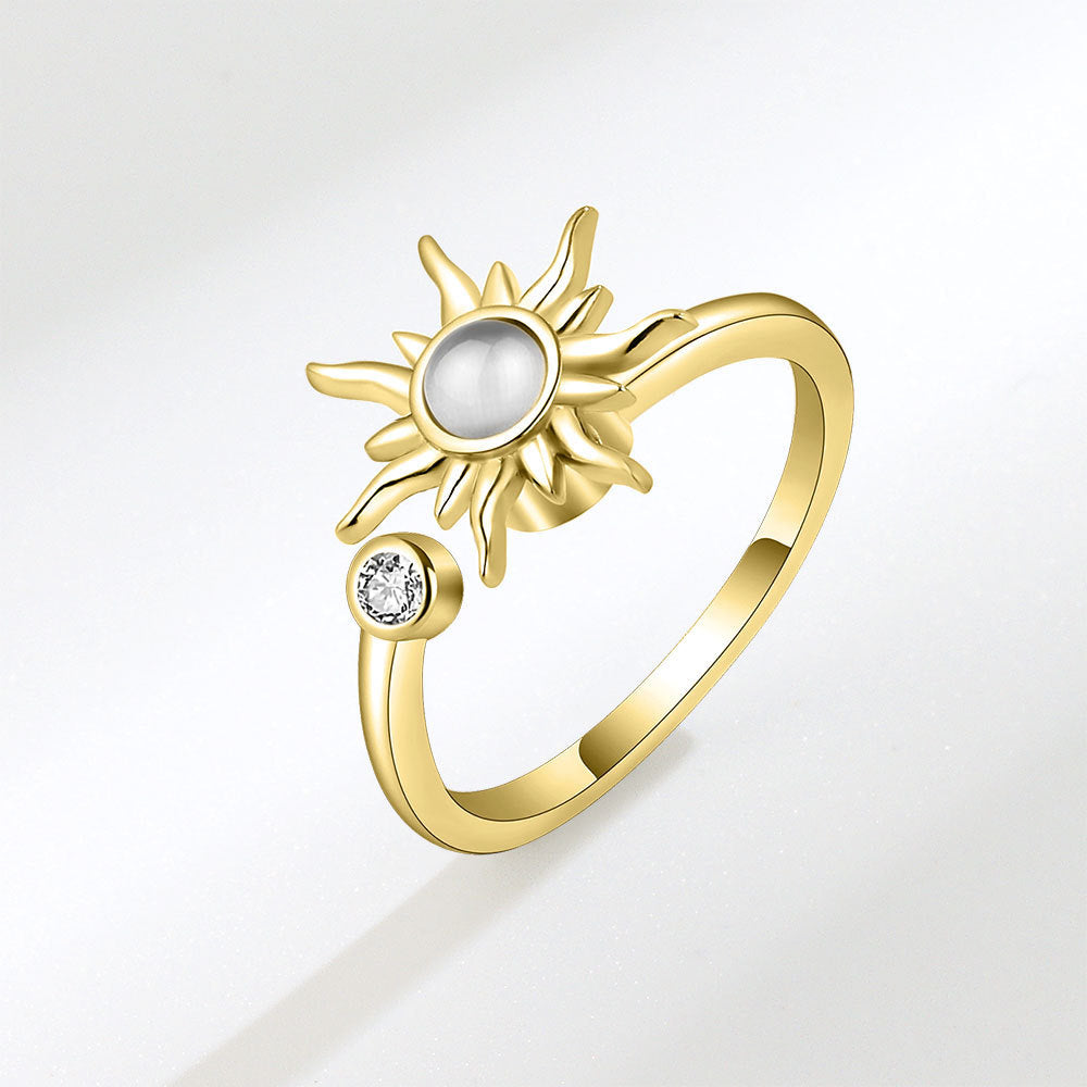 Rotating Sunflower Relief Anti Stress Ring Jewelry For Women Adjustable Copper Zircon Inlays Everyday Wear Now