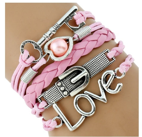Vintage Braided Bracelet With Pearl Charm And Love Letter Pendant Multilayer Alloy Jewelry For Women Elegant Accessory