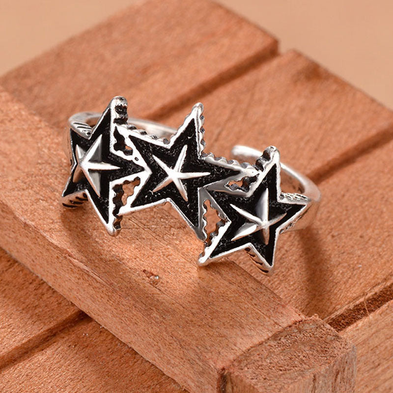 Unisex Hip Hop Double Ring With Triple Five Pointed Star Design Copper Ring In Thai Silver Color Style Glow Up