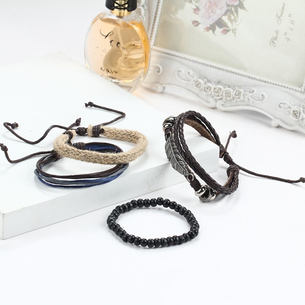 Hand Woven Leather Bracelet Angel Wing Feather Alloy Wood Beads Star Charm Unisex Geometric Style Golden Shine