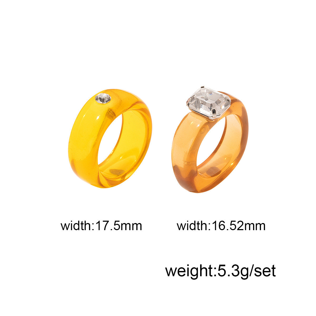 Geometric Acrylic Resin Ring Set For Women With Alloy Inlaid Gems Amber Color Fashion Jewelry Shiny Gem Accent
