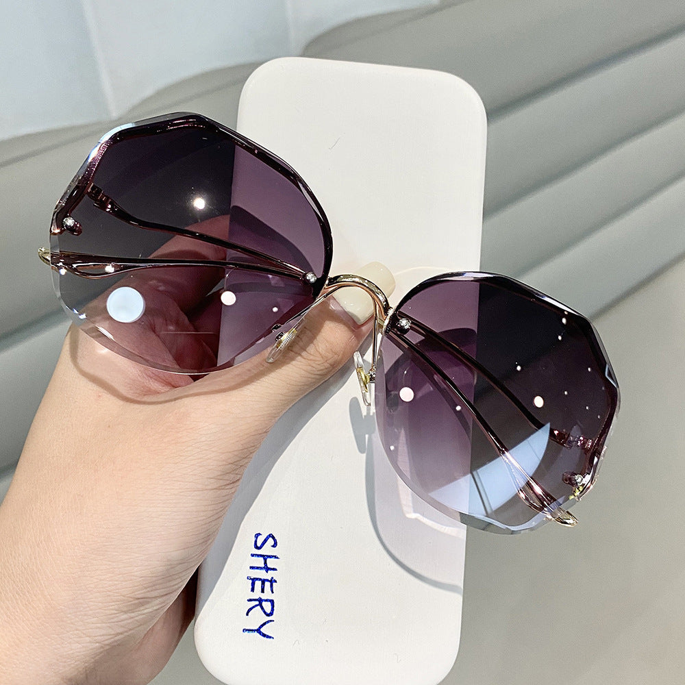 Women Frameless Polygon Sunglasses Resin Lens Metal Frame Cut Edge Ocean Gradient Tea Shade Stylish Eyewear Stylish