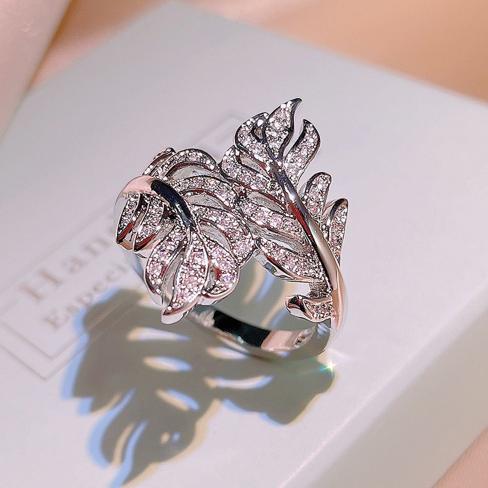 Zircon Ornament Ring Leaf Design Adjustable Size 6 7 8 9 10 Geometry Brass Alloy Inlay Chic Everyday Ring Look