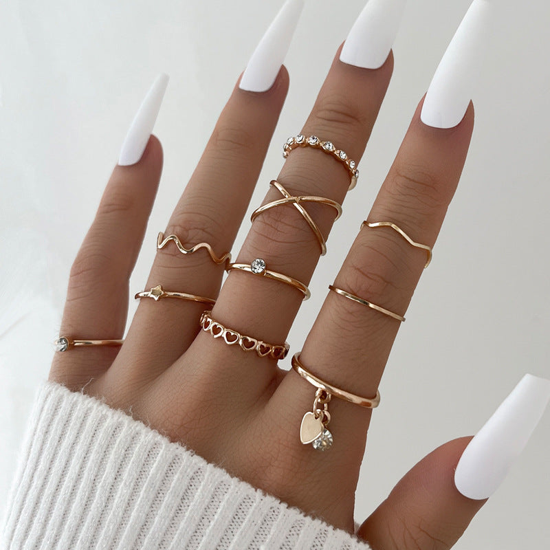 Womens Geometric Alloy Ring Set With Pearl Electroplated Love Heart Design Retro Niche Jewelry For Casual Wear