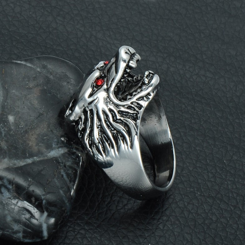 Mens Wolf Head Ring Punk Design Alloy Jewelry Electroplated Durable Statement Gift For Men Everyday Wear Deluxe