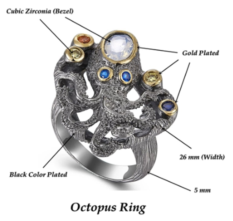 Octopus Ring Marine Life Jewelry Inlaid Gems Copper Silver