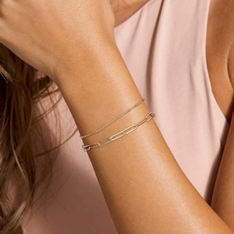 Unisex Double Layer Metal Bracelet With Geometric Design Round Beads Clip Fashion Jewelry Gold And Silver Tone