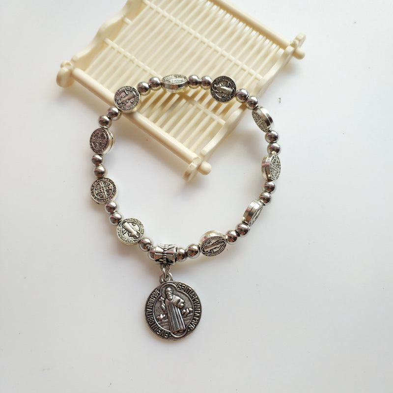 Beaded Cross Bracelet Stretchable Alloy Beads Religious Jewelry for Men and Women Christian Style Classic Look