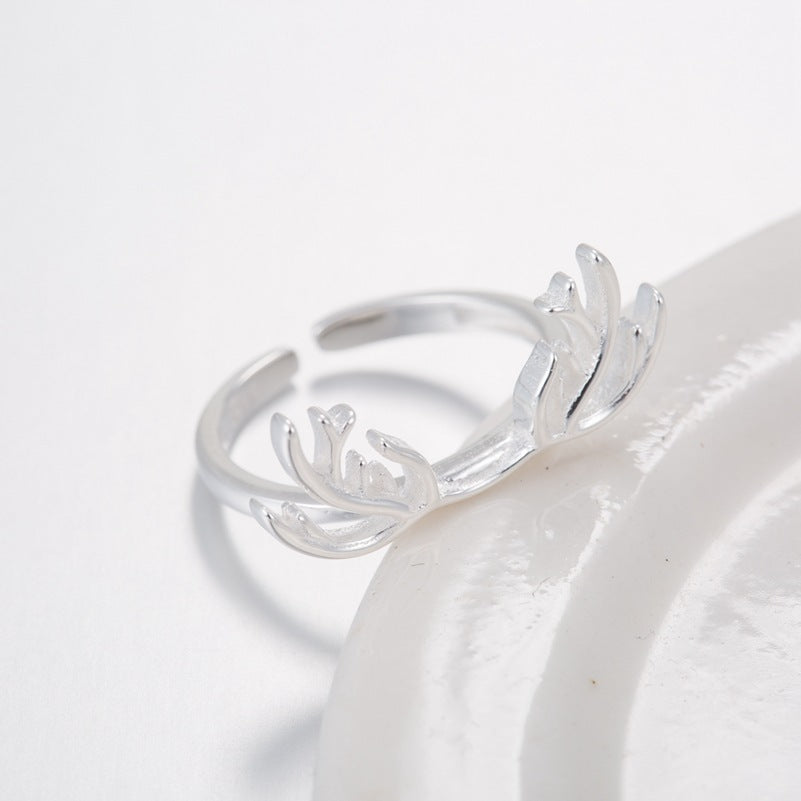 Womens Adjustable Ring Silver Deer Head Ring Copper Antler Ring Animal Ring For Women Girls Gift Electroplated
