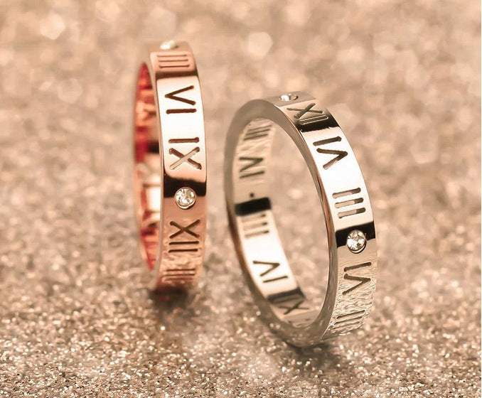 Titanium Steel Couple Rings with Roman Numeral and Diamond Accent Matching Bands His and Hers Anniversary Rings 4MM