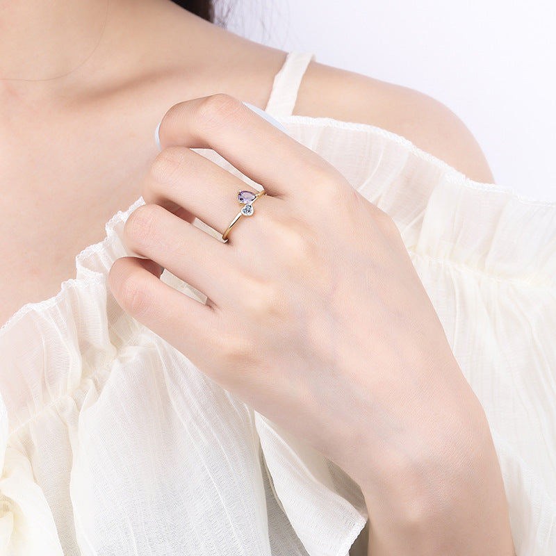 Women's Ring 14K Gold Plated Ring with Purple Gem and Peach Heart Design S925 Sterling Silver Ring Electroplated Diamond Ring for Her