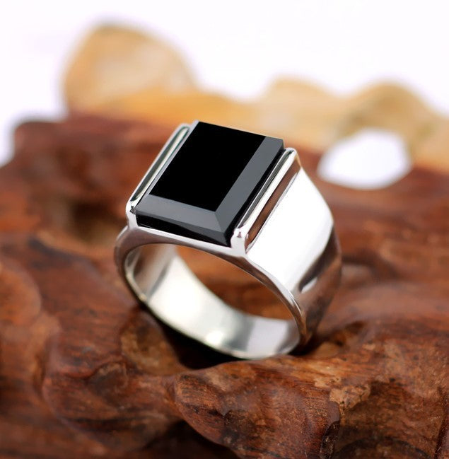 Mens Titanium Steel Ring Obsidian Inlay European American Retro Style Jewelry Gift For Him Obsidian Inlay Gems