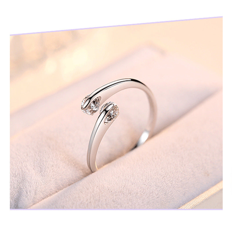 Sterling Silver Ring For Women With Double Diamond Accent Adjustable Opening Korean Fashionable Ring Perfect As A