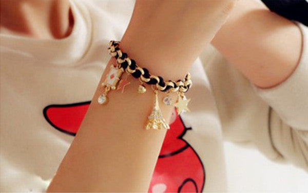 Womens Alloy Bracelet Rhinestone And Artificial Gems Korean Star Flower Design Electroplated Leather Rope Bracelet