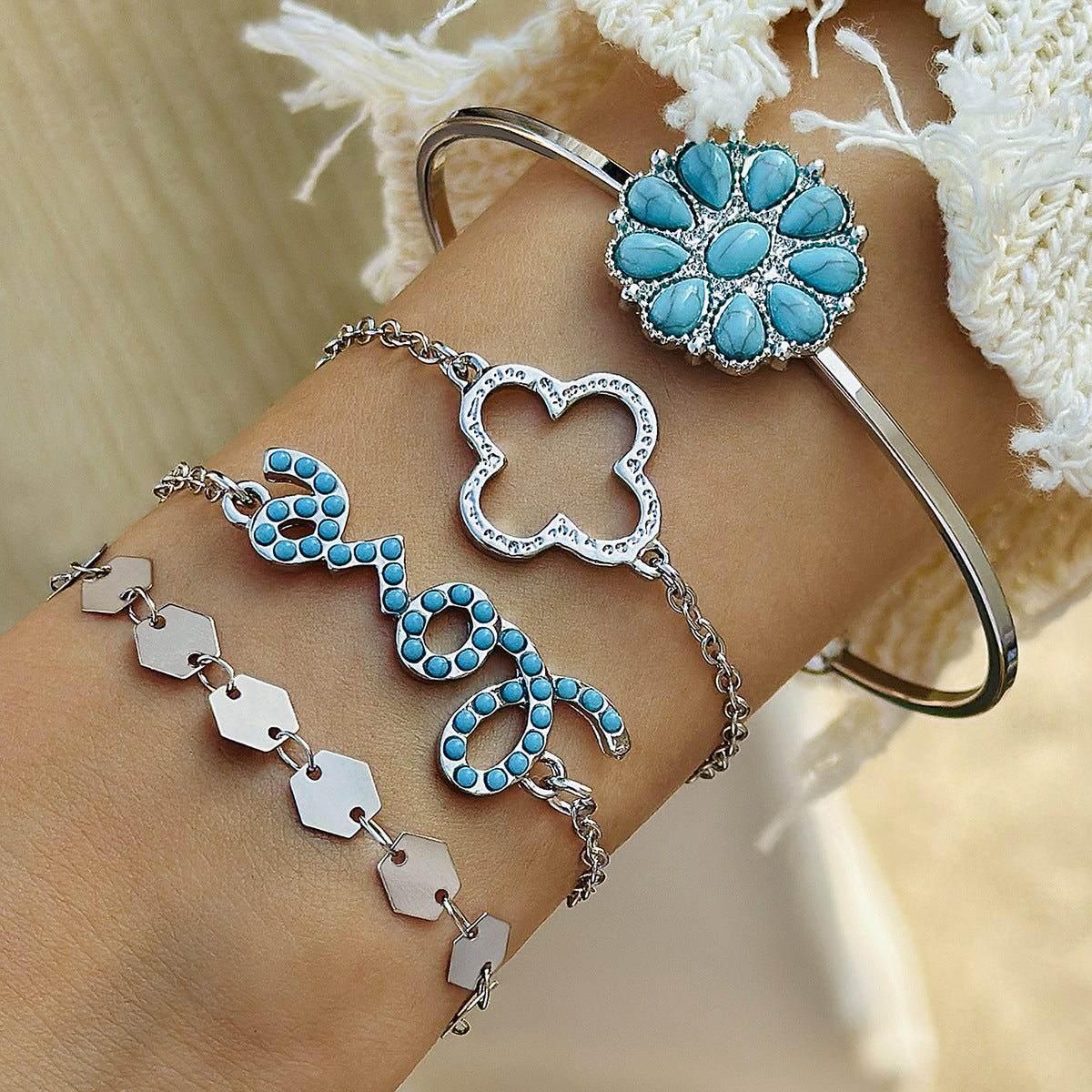 Womens Bracelet Set Electroplated Alloy Fashion Jewelry Collection Turquoise Leaf And Bow Geometric Design Hand Jewelry