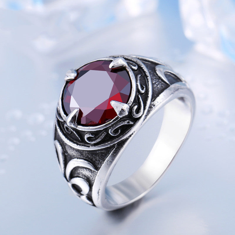 Mens Ring Stainless Steel Vintage Carved Design Jewelry Polished Finish Sapphire Ruby Black Onyx Emerald White Gem