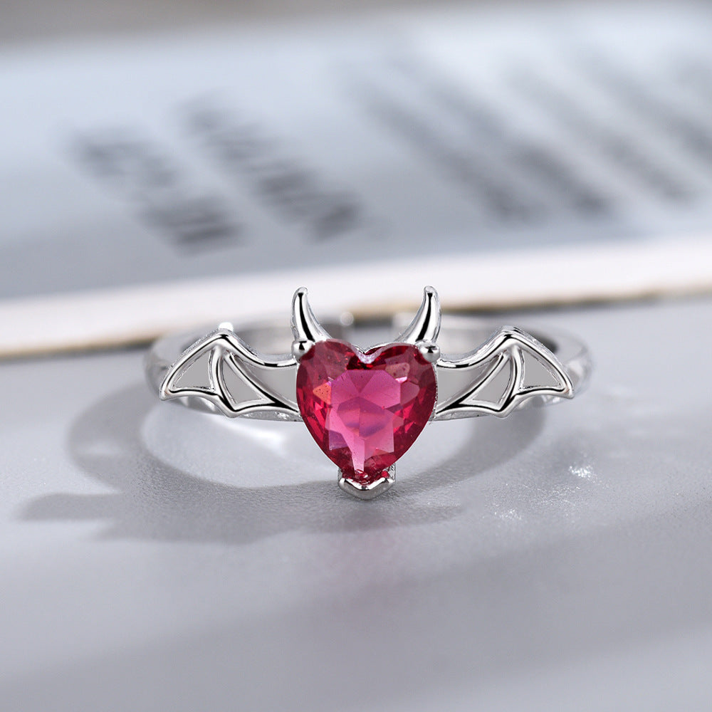 Womens Heart Shaped Ring Ruby Inlaid Adjustable Coppery Electroplated Retro Temperament Jewelry Accessory Chic