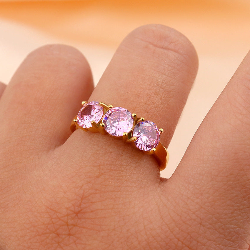 Stainless Steel Zircon Ring With Four Claw Inlay White Pink